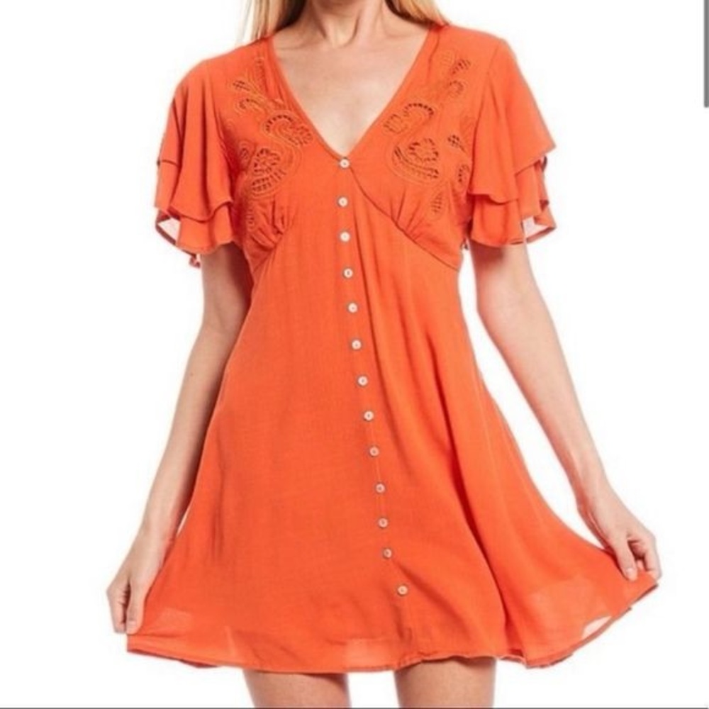 NWOT Chelsea & Violet Orange Flutter Sleeve Button-Up Embroidered Mini Dress